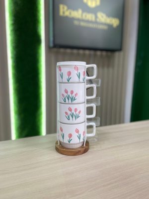 Set de 4 Tazas Apilables con Soporte – Diseño Floral Tulipanes