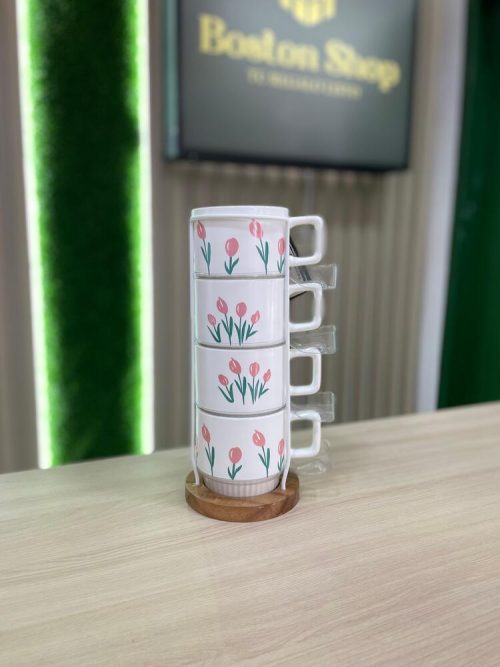 Set de 4 Tazas Apilables con Soporte – Diseño Floral Tulipanes