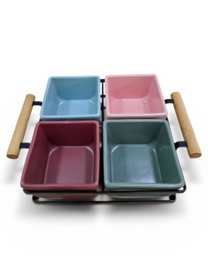 Set de Porta Aderezos / Snacks con Base y Asas – 4 Bowls Multicolor